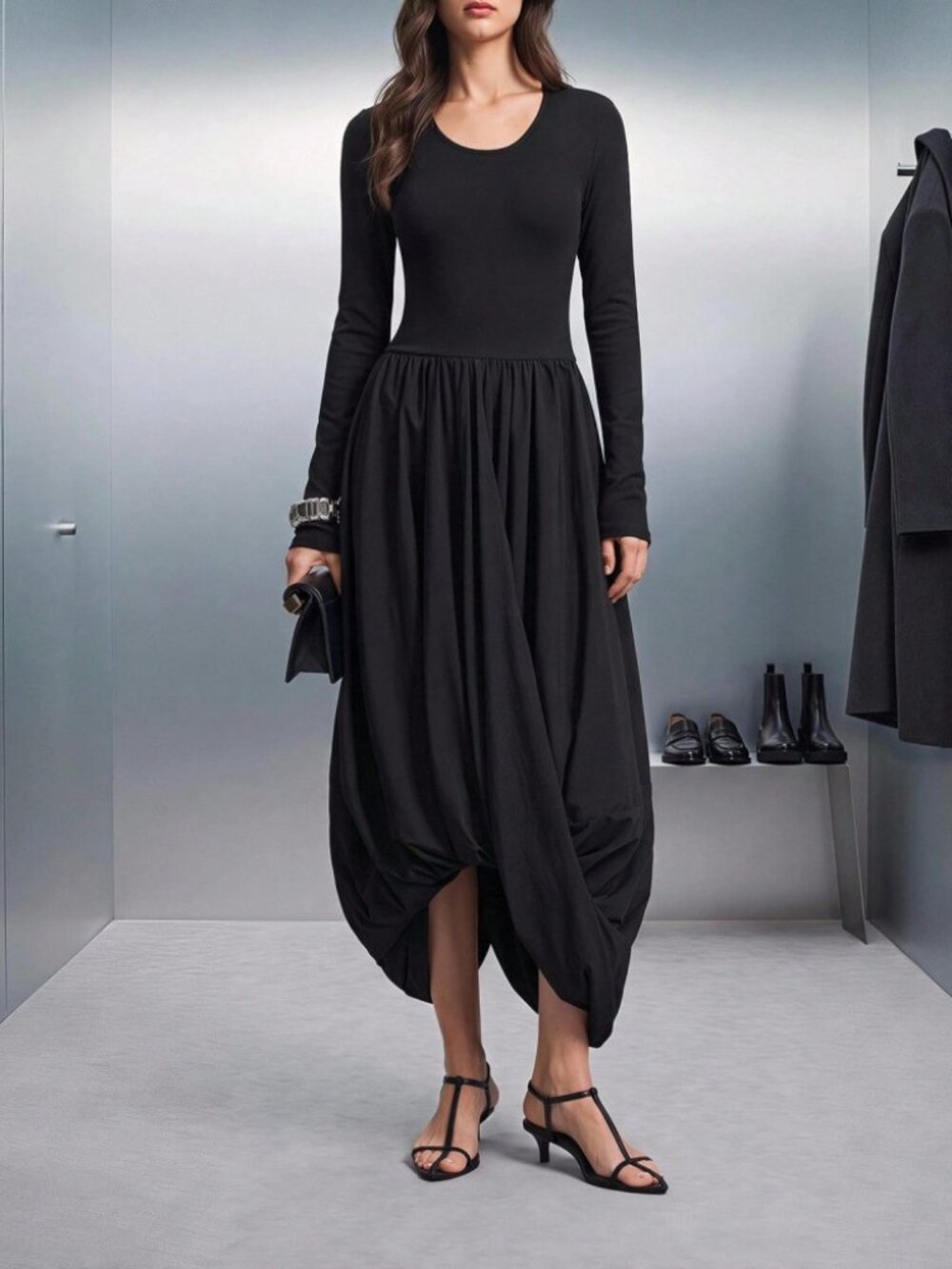 Black Long Sleeve Scoop Neck Asymmetric Balloon Hem Maxi Dress